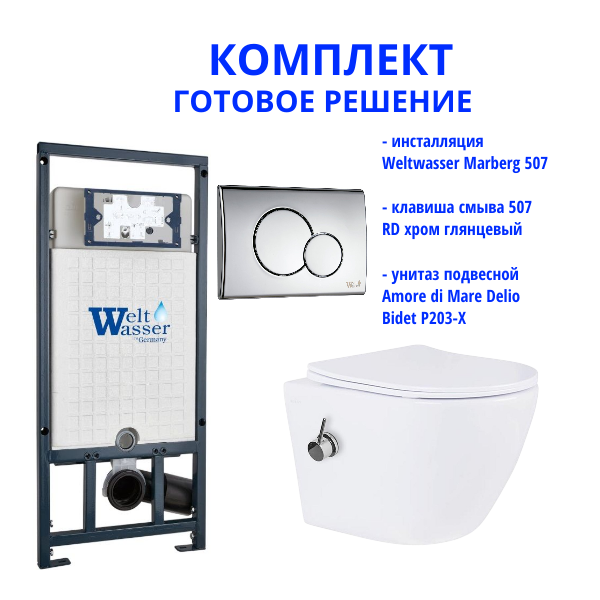 Комплект инсталляции Weltwasser Marberg 507 с кнопкой 507 RD и подвесным унитазом Amore di Mare Delio Bidet P203-X